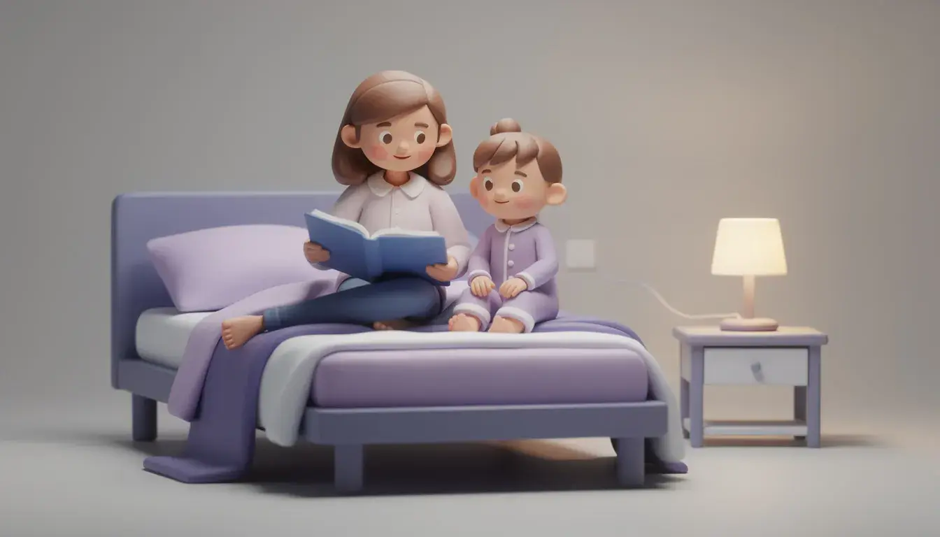 A warm bedtime scene of a mom reading a storybook to her child